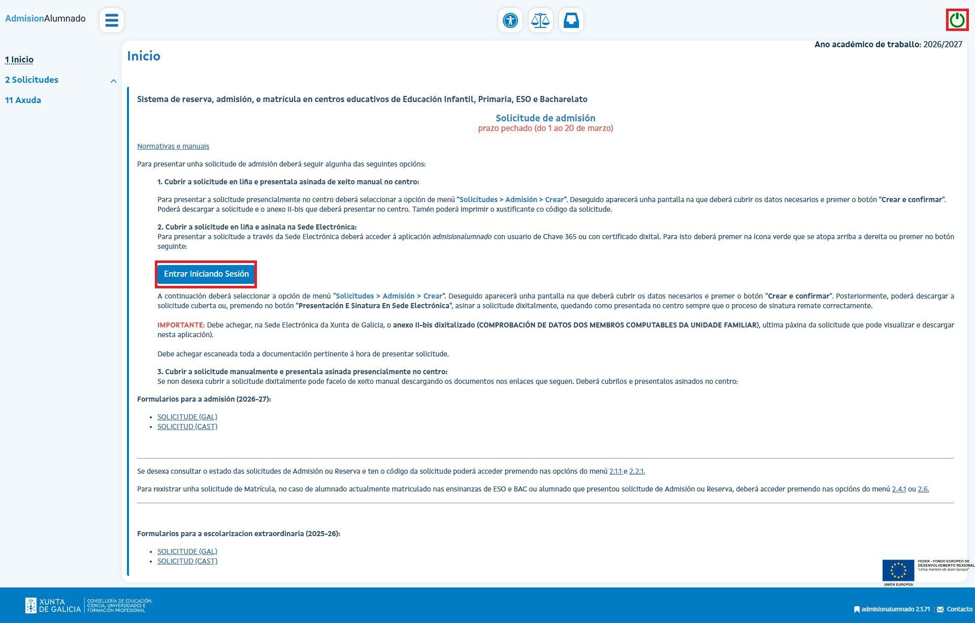 Pantalla de inicio de sesión en AdmisionAlumnado